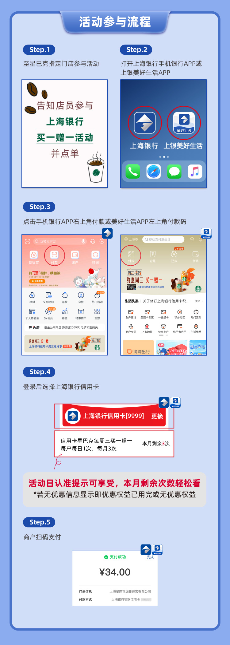 上海银行信用卡星巴克买一赠一（25年6-10月）