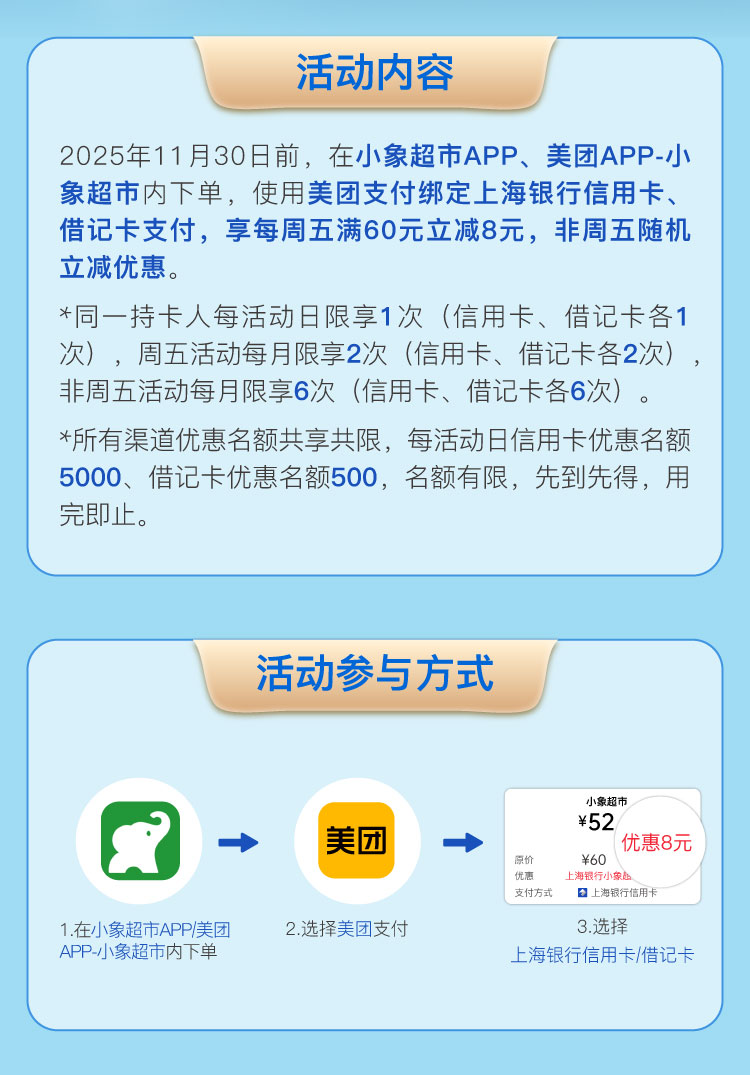 上海银行卡小象超市周五满60-8元（25年）